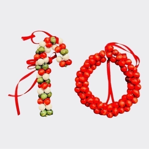 Vintage Set of 2 Wood Beaded Wreath & Candy Cane Christmas Ornaments Xmas Decor - Picture 2 of 4